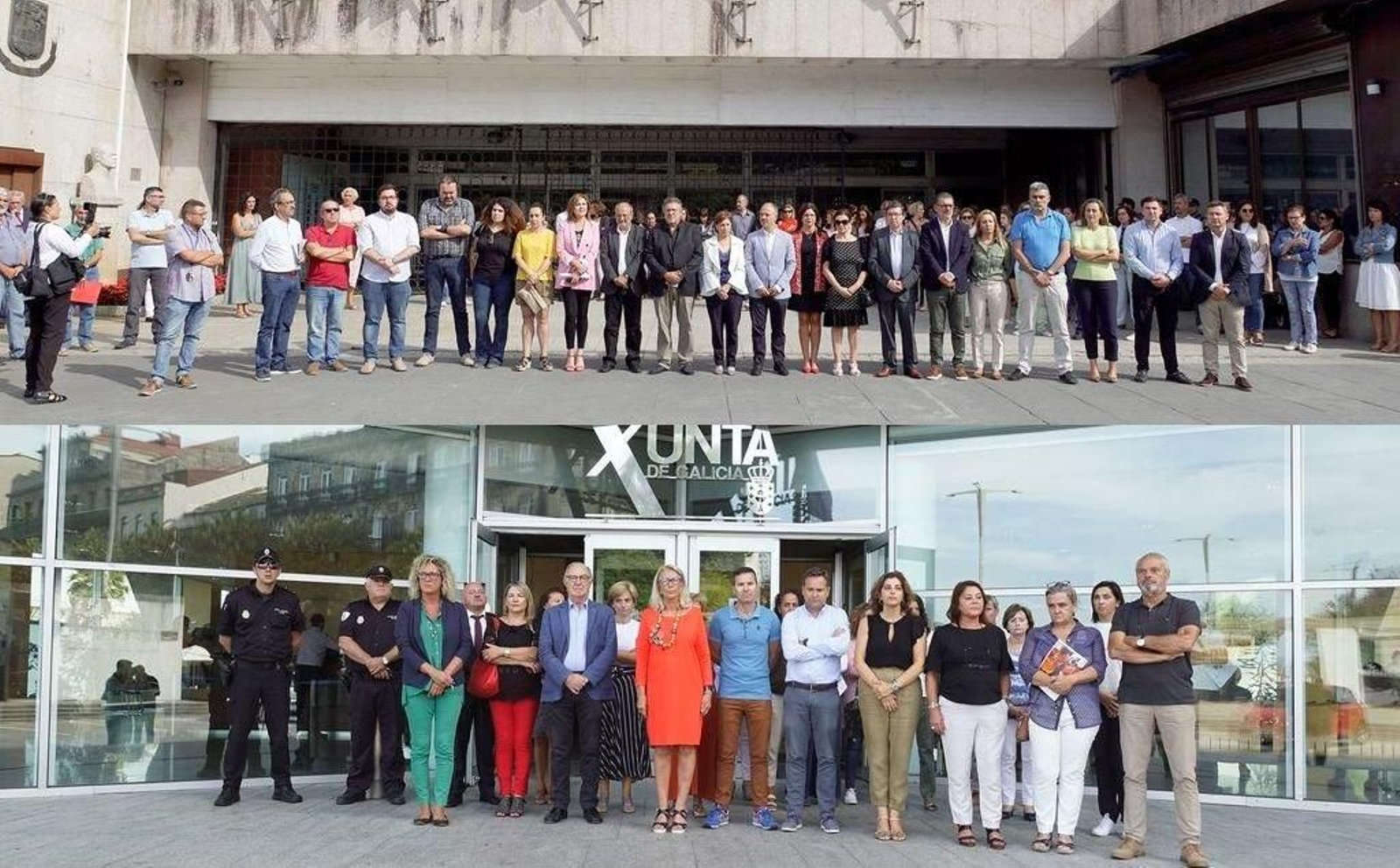 Arriba el minuto de silencio de la Corporación en el Concello, abajo en la delegación de la Xunta