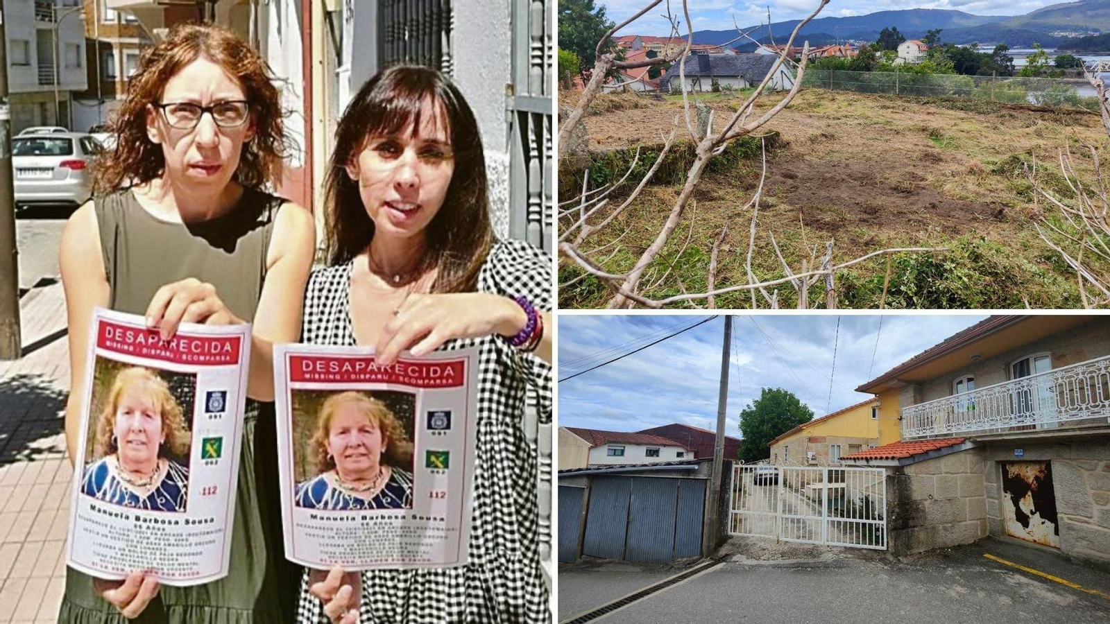 A la izquierda, las dos hijas de la desaparecida sujetando su cartel. A la derecha, la finca en la que se encontraron los huesos y la vivienda a través de la que se accede. // Jorge Santomé