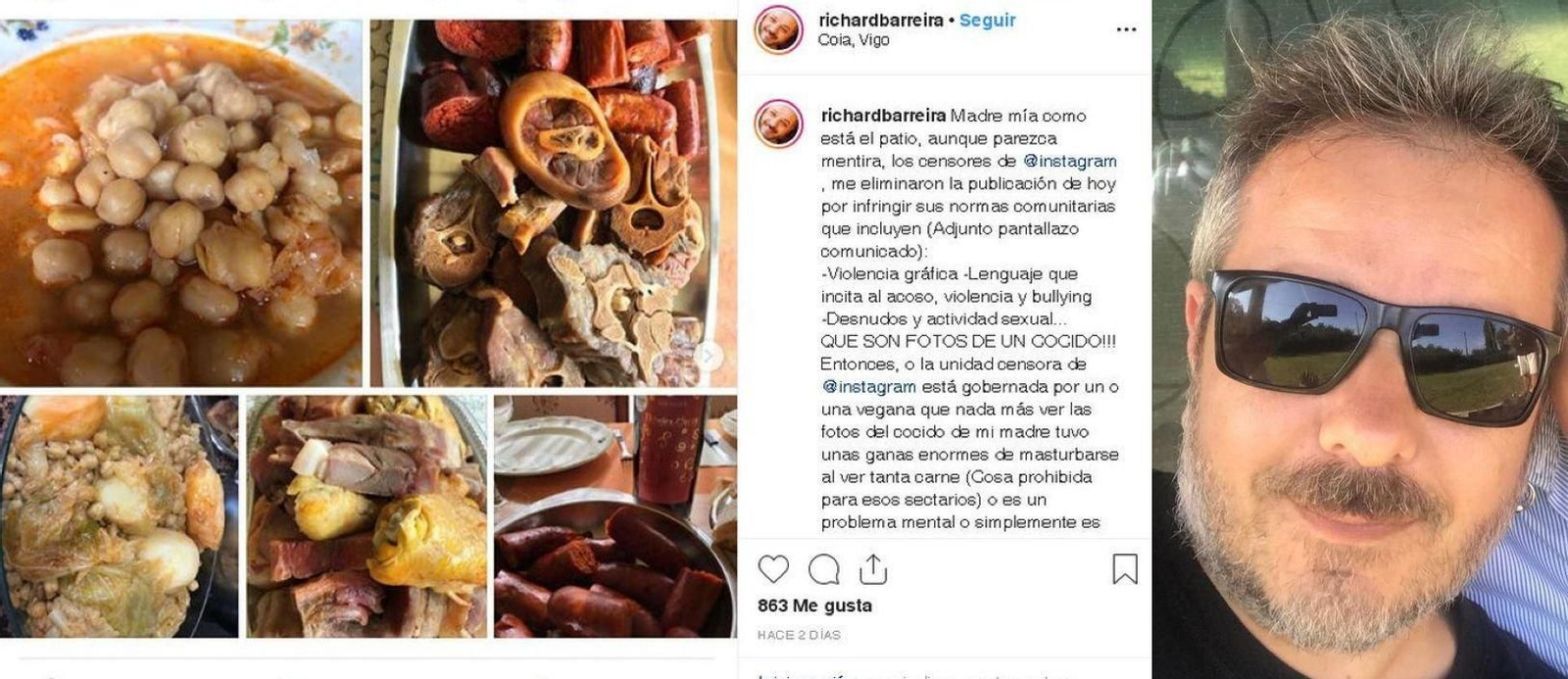 Richard compartió imágenes de un cocido que fueron censurados por presunta “violencia gráfica” y el vigués Richard Barreira.