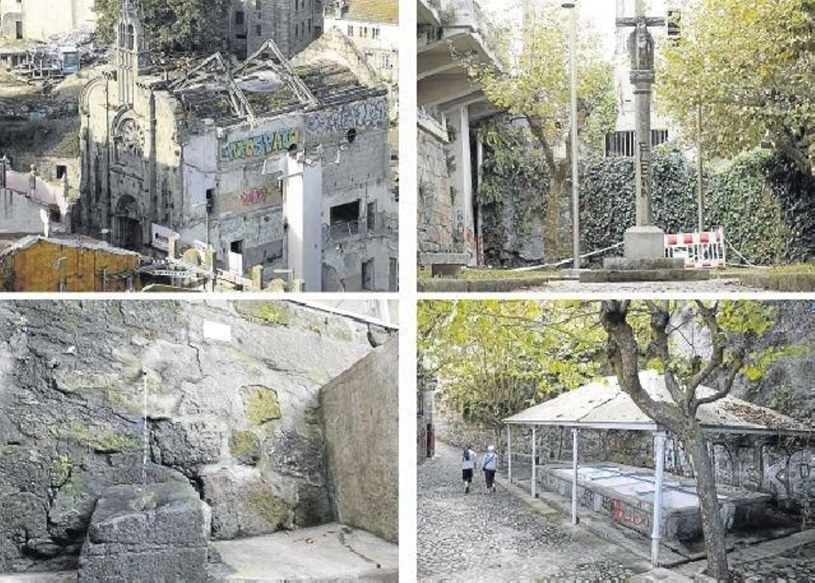 Algunos de los elementos a conservar en Barrio do Cura: la fachada de la iglesia, el cruceiro, la fuente de A Barroca y el lavadero.
