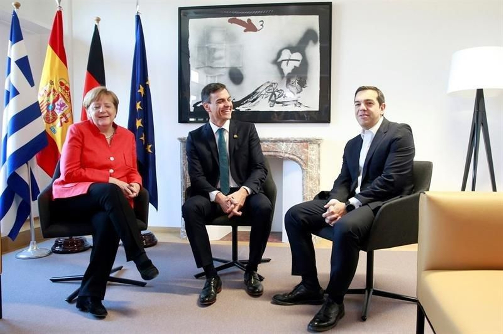 Ángela Merkel, Pedro Sánchez y Alexis Tsipras durante su encuentro trilateral.