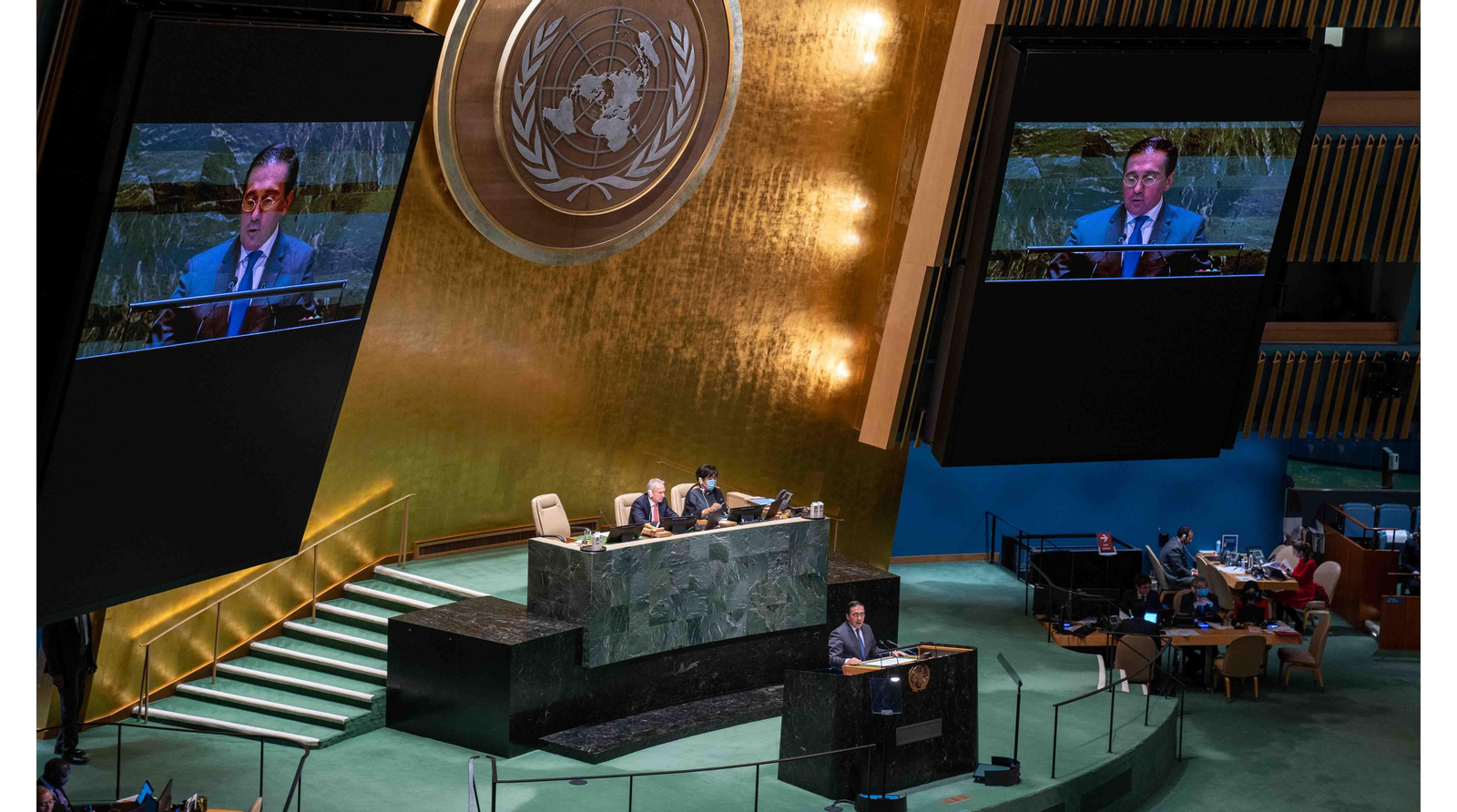El ministro de Asuntos Exteriores Unión Europea y Cooperación José Manuel Albares durante su intervención en la sede de Naciones Unidas con motivo al primer año de la invasión de Rusia a Ucrania. Foto EFE/ Ángel Colmenares