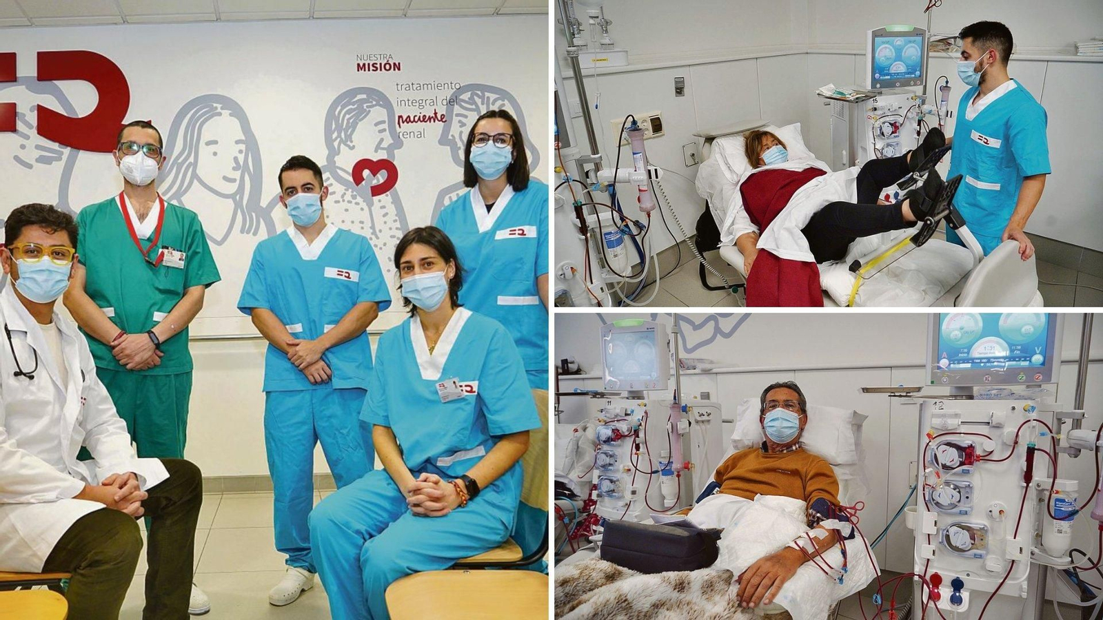 MONTAJESEn Os Carballos trabajan con un equipo multidisciplinar. En la imagen, con parte de sus miembros: Walfred Nájera (izquierda), Breogán Hermida, Adrián González, Marina Seijo y Natividad Isorna (sentada). Abajo, una paciente haciendo ejercicio y Julio Cabaleiro, otro paciente vigués en diálisis.