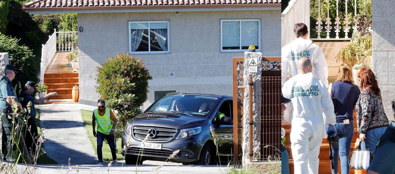 El furgón funerario con los dos cadáveres abandona la casa de Chenlo en la que aparecieron. A la derecha, los investigadores entran en el domicilio