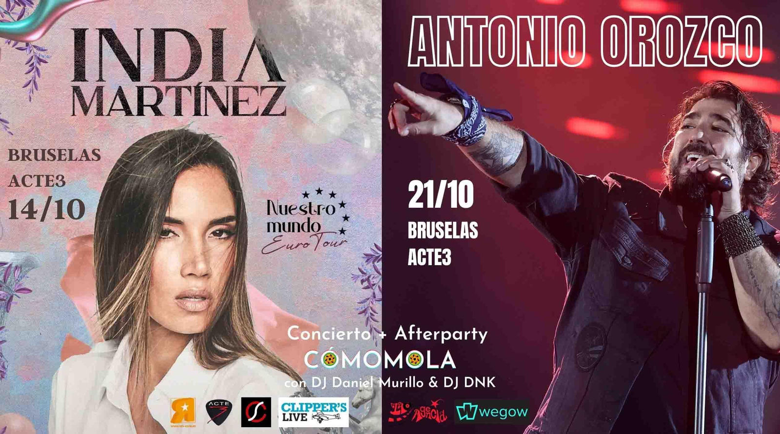 Carteles de las actuaciones de India Martínez y Antonio Orozco en Bruselas