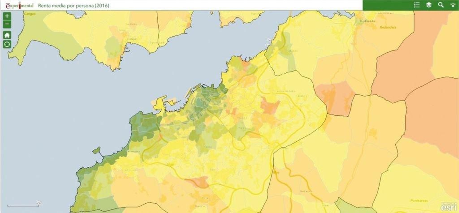 En verde, las zonas con la renta más elevada, en la costa y el centro urbano. En colores claros, en la media. En rojo, los más bajos.