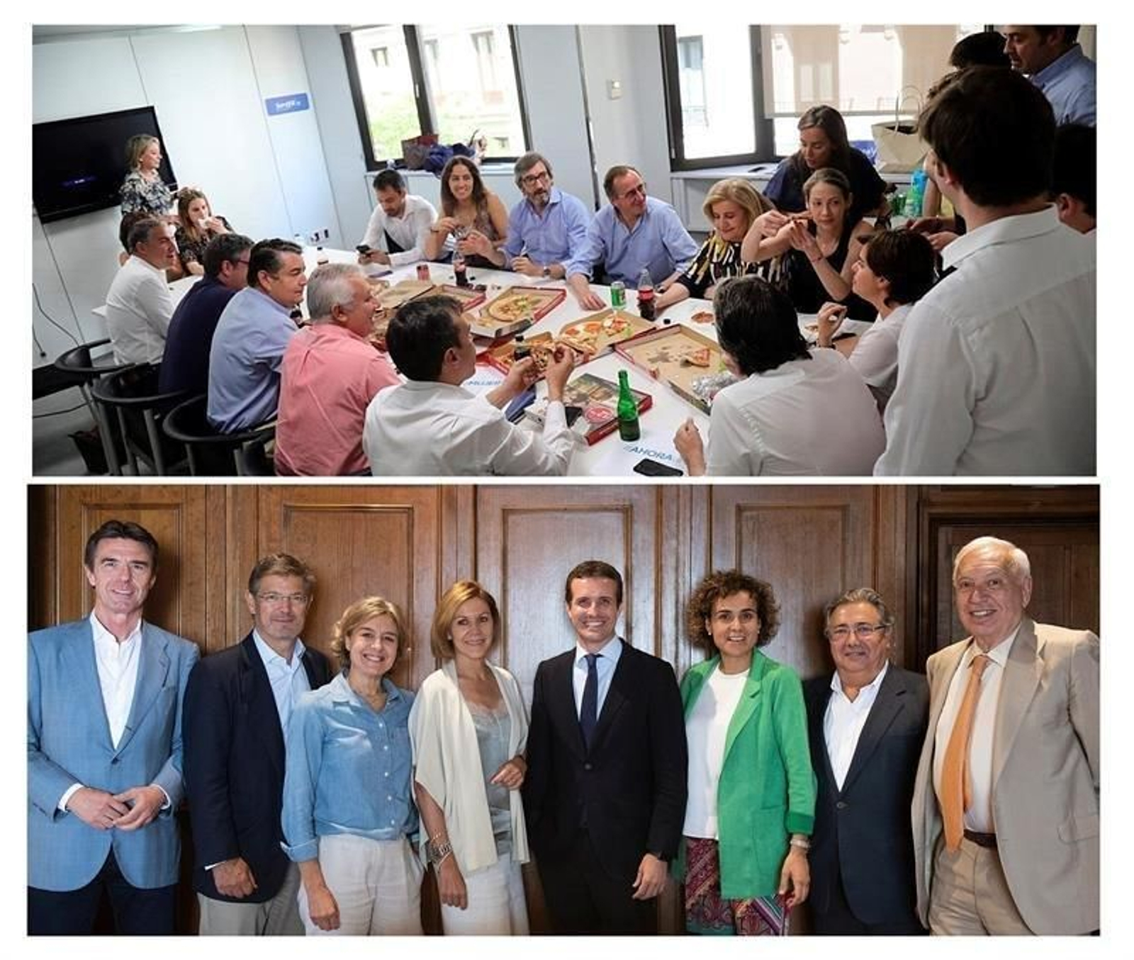 Fotografías facilitadas por la candidatura de Soraya Sáenz de Santamaría (arriba) y de Pablo Casado (abajo), de los encuentros que los dos candidatos a liderar el PP han celebrado ayer en Madrid, junto a los dirigentes y exdirigentes del partido que avalan cada candidatura