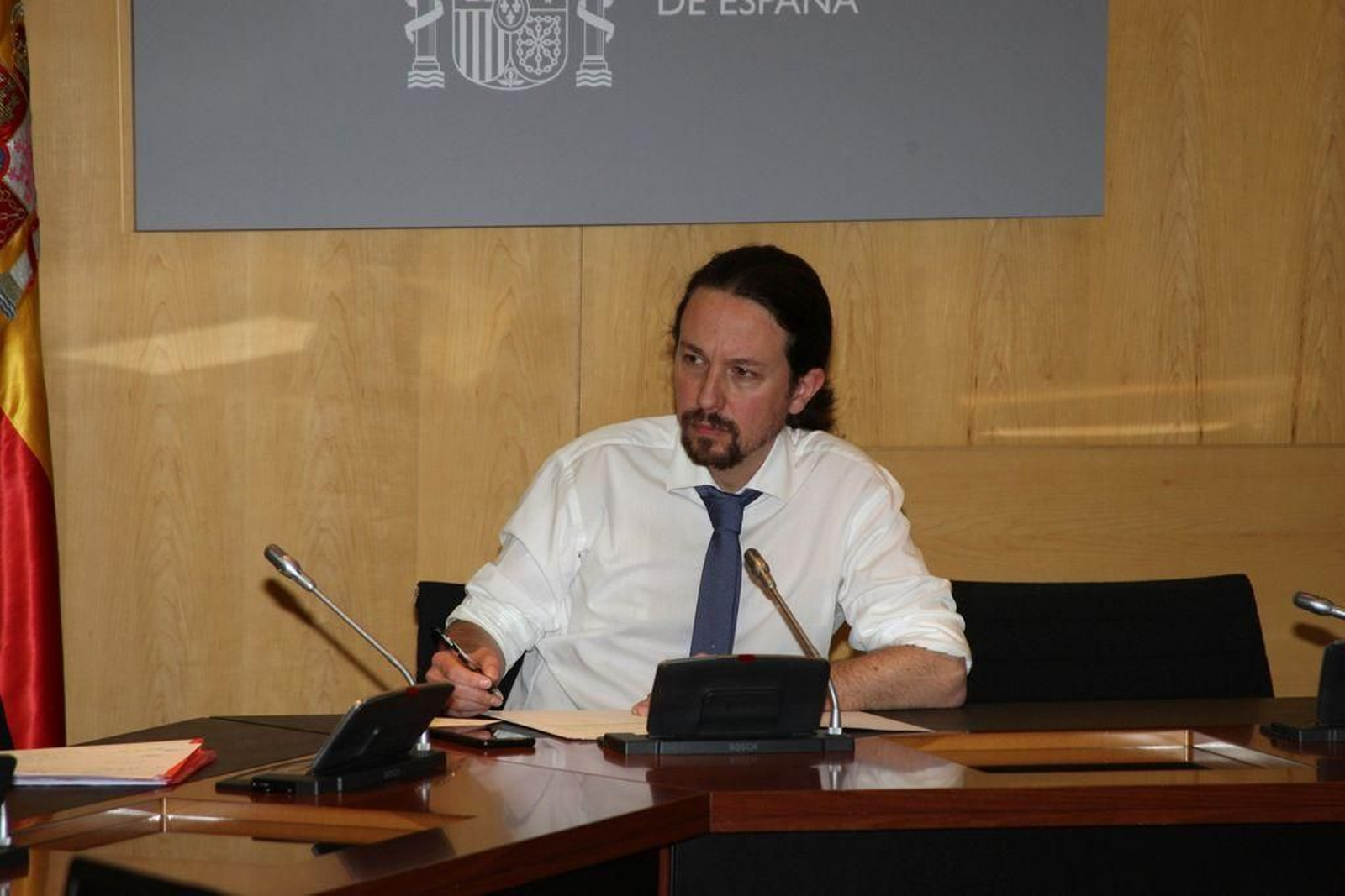 El vicepresidente Pablo Iglesias, durante una reunión sobre la crisis del coronavirus.