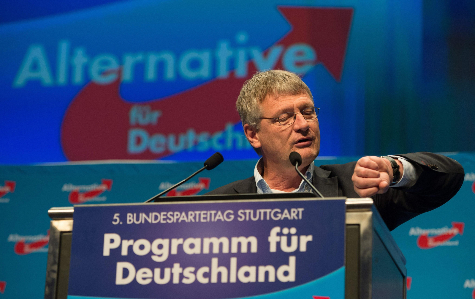Joerg Meuthen Petry, lider del AfD, durante la convención de Sttutgart.