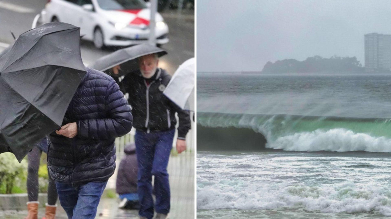 Vigueses caminando ayer tratando de que el viento no retorciera los paraguas y fuerte oleaje ayer en la playa de Samil, con Toralla al fondo.