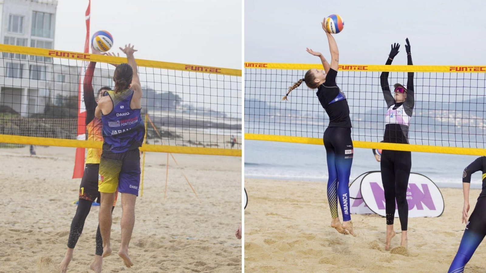 A la izquierda, Darío Gil Arias trata de superar un bloqueo en uno de los duelos de ayer; y a la derecha, las mujeres, que debutaban, encajaron una dura derrota en Samil.