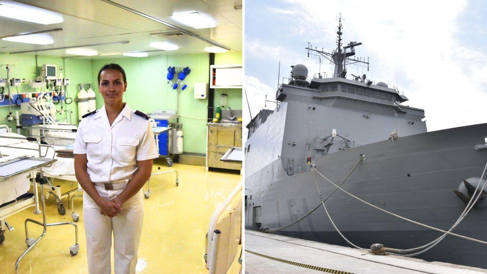 La marinero sanitario Sara Espinosa, en la UCI, y el “Santa María” visto desde el “Galicia”.