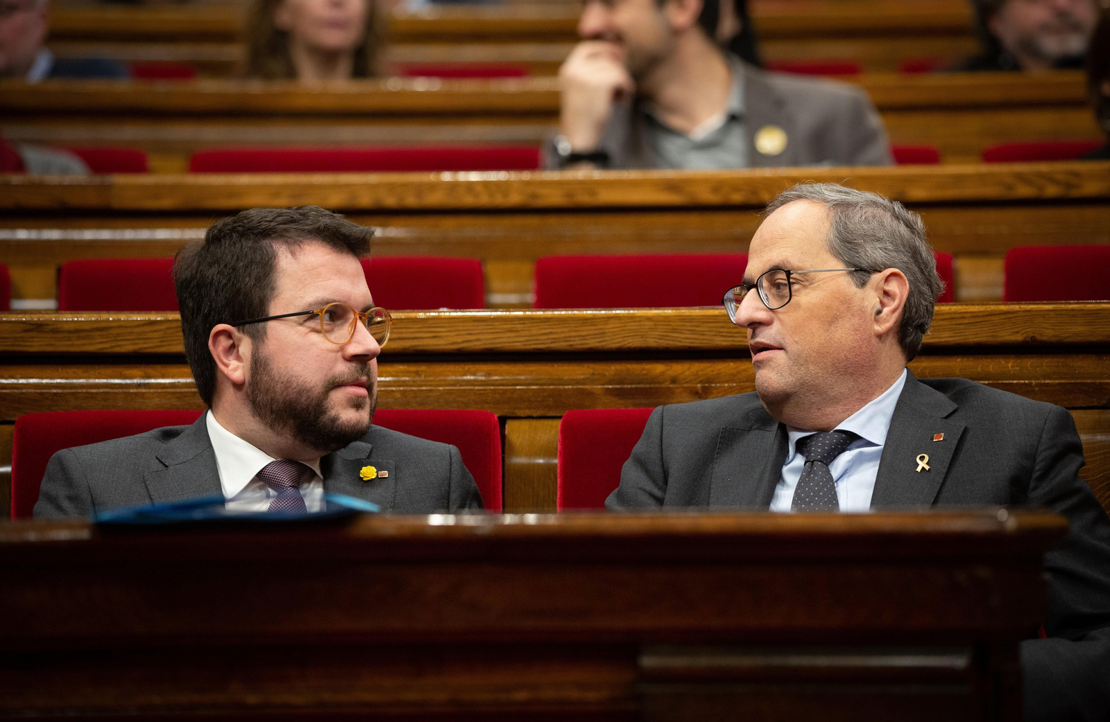El vicepresidente de la Generalitat, Pere Aragonès (izq) y el presidente de la Generalitat, Quim Torra (dech)