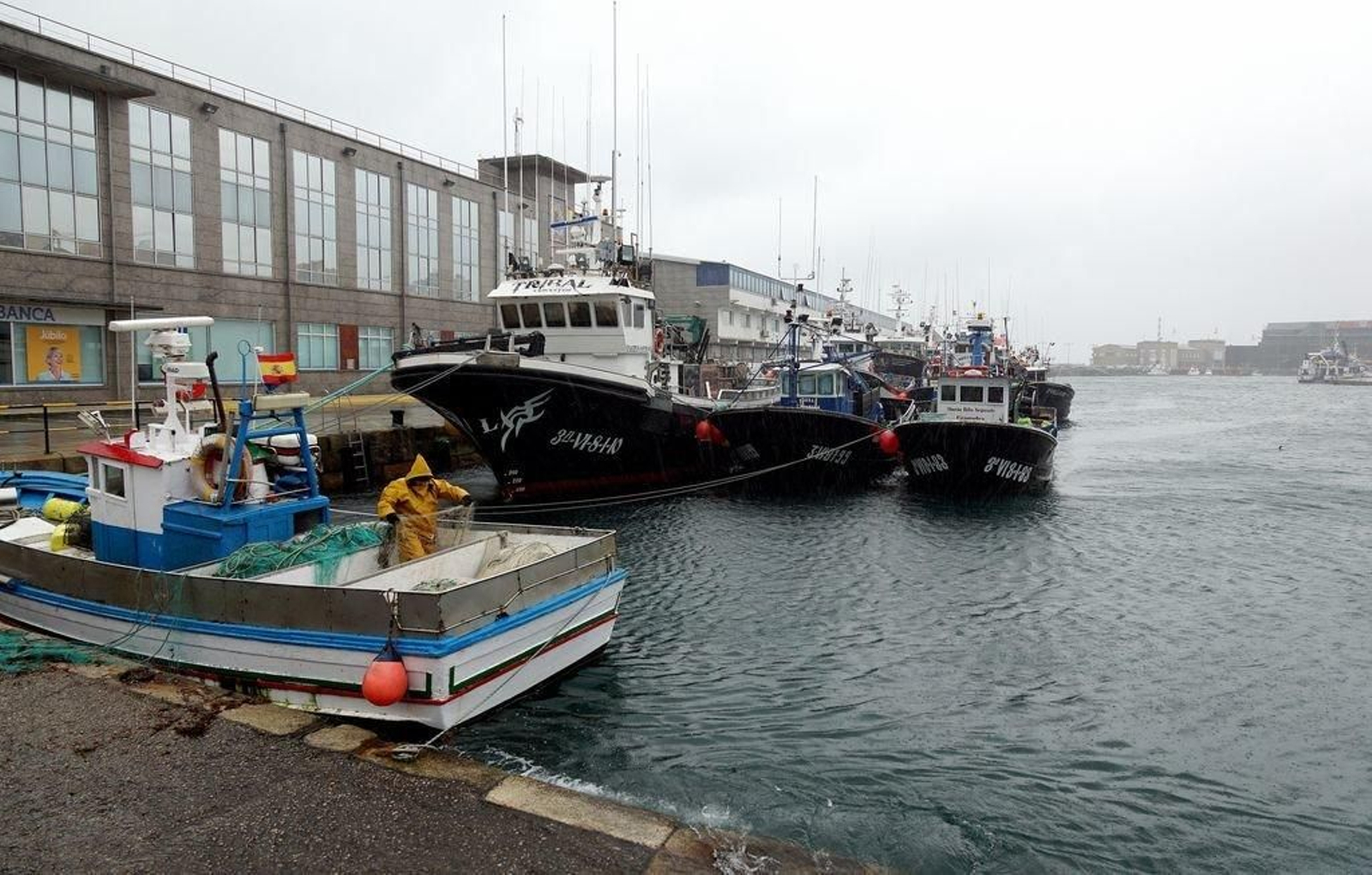 La flota permanecía ayer amarrada en el puerto del Berbés ante el mal tiempo en el mar.