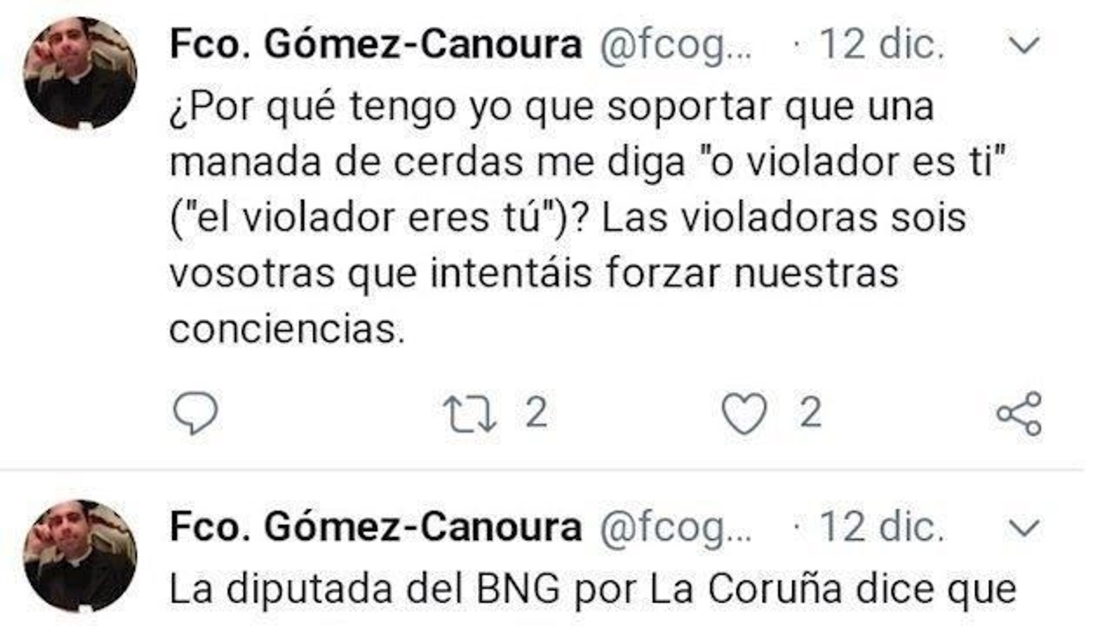 Tuits del párroco de Zas, Francisco Gómez-Canoura, en los que llama "manada de cerdas" a las feministas y "gilipollas" a los votantes del BNG