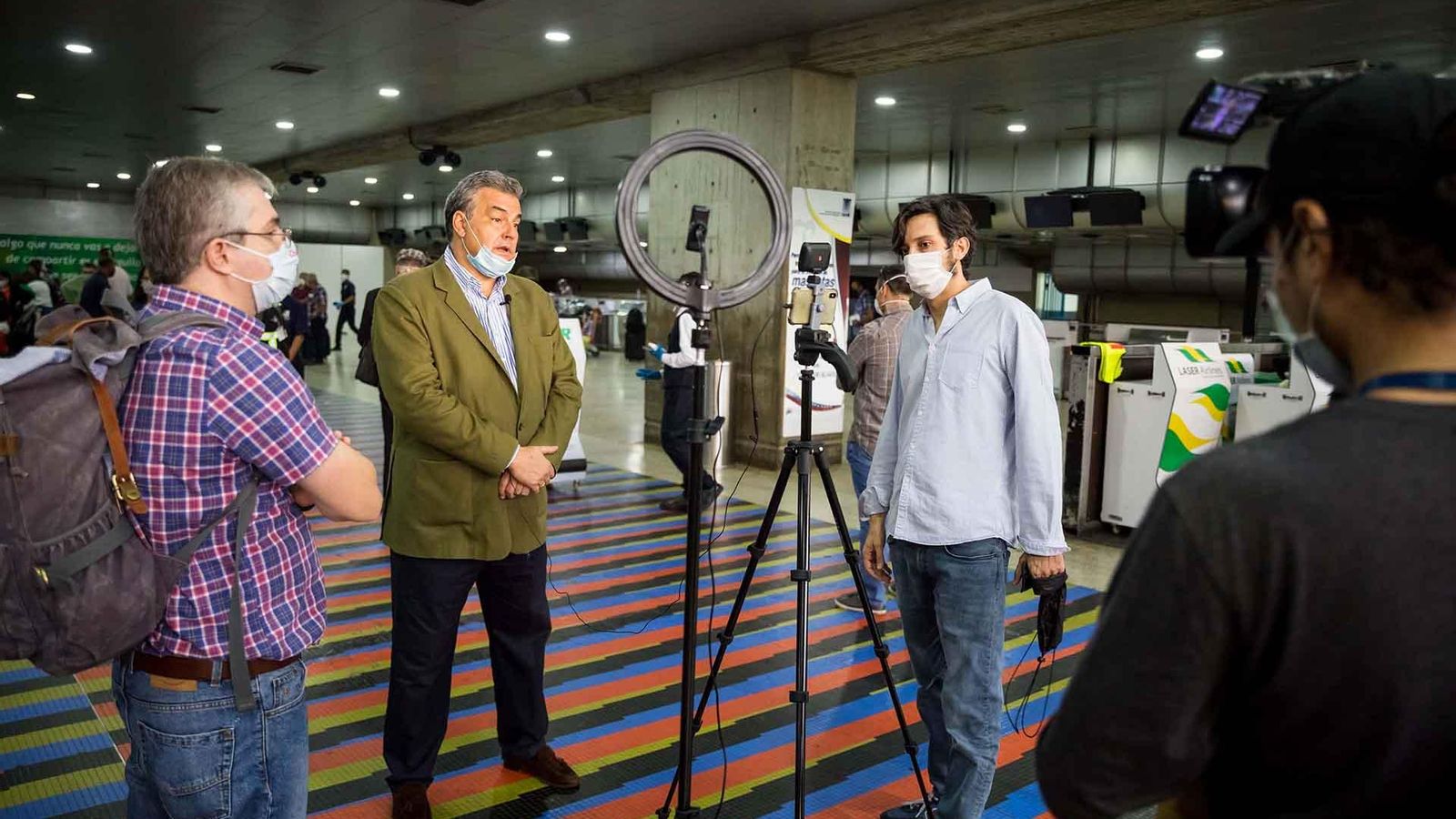 Spain's ambassador in Venezuela Jesus Silva speaks to the press at the Simon Bolivar International Airport, in Maiquetia, Venezuela, 4 July 2020. A total of 376 passengers, almost all from Europe, left from Caracas to Madrid on the fourth repatriation flight organized by the Spanish Embassy in Venezuela. EFE/Miguel Gutierrez 