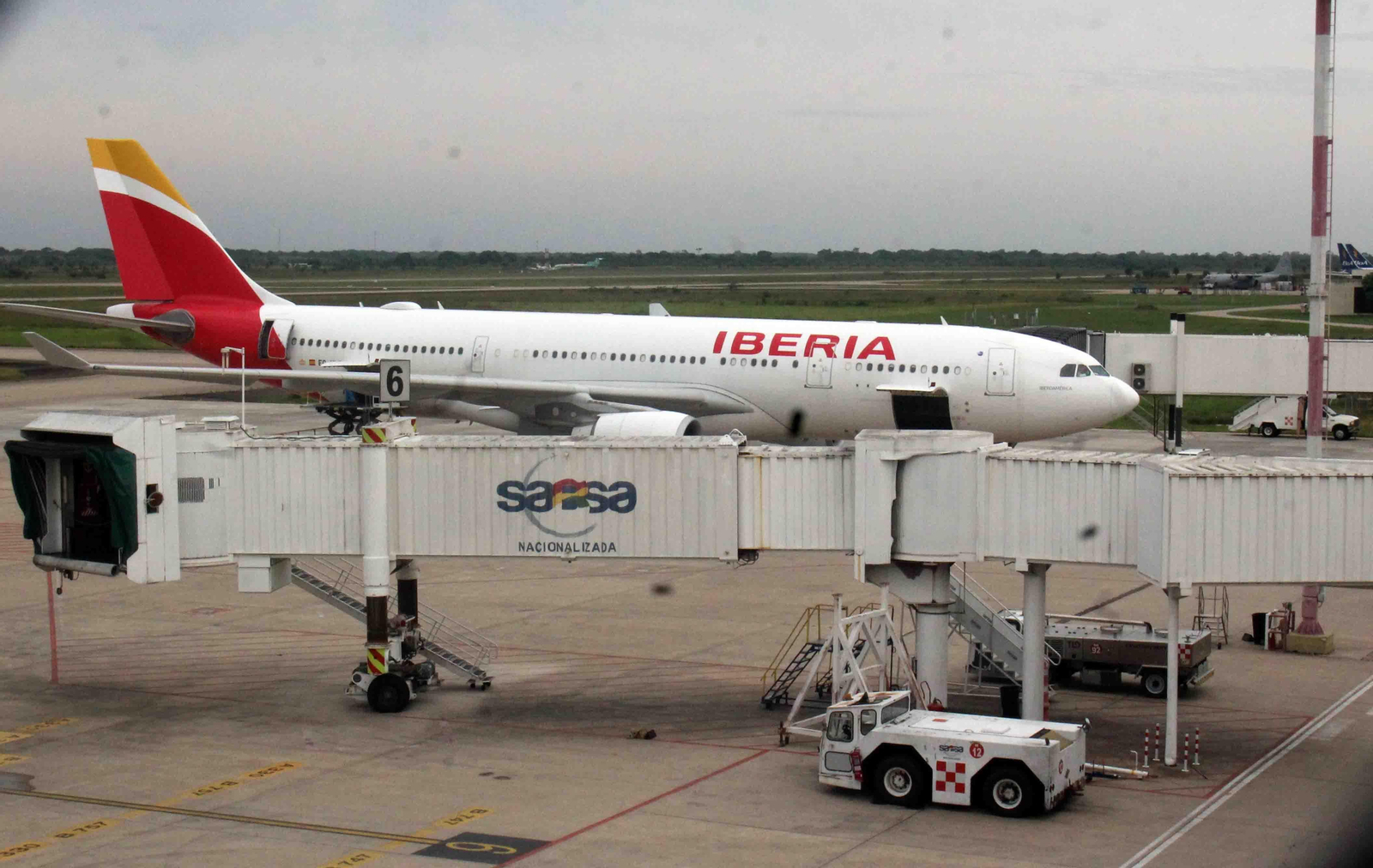 Imagen del avión con destino a Madrid en donde cerca de trescientos españoles varados en Bolivia viajaron de regreso a su país. EFE/Juan Carlos Torrejón