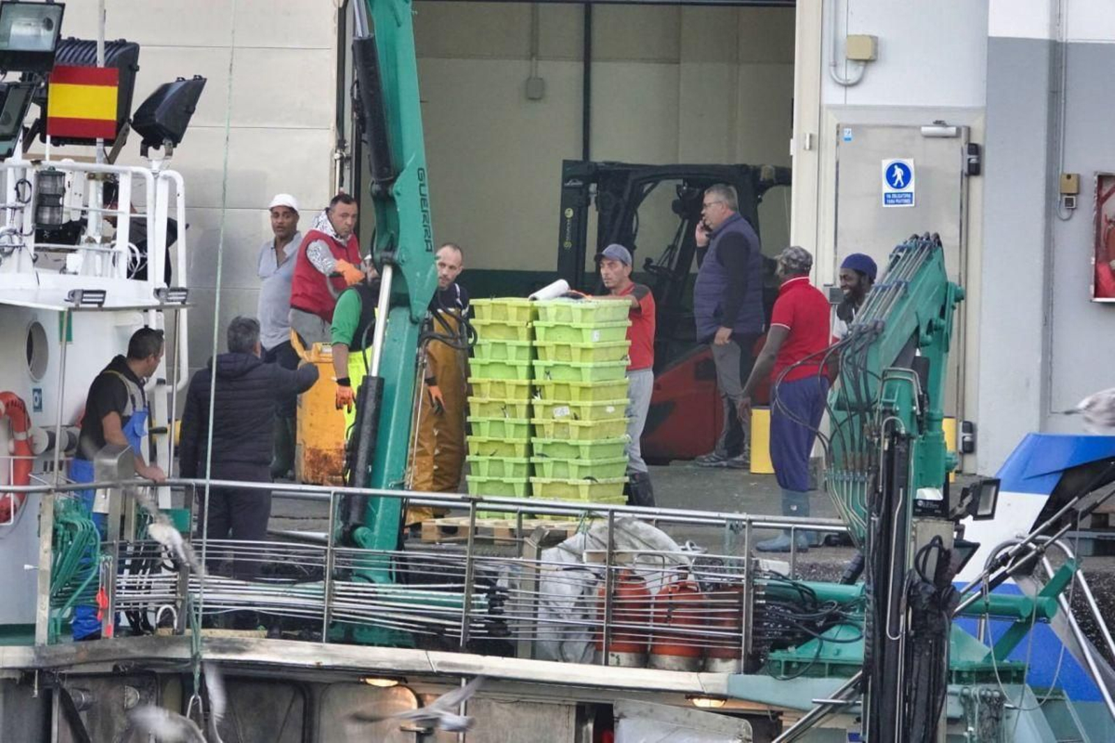 Movimiento de descarga de pescado fresco directamente a la lonja del Berbés.