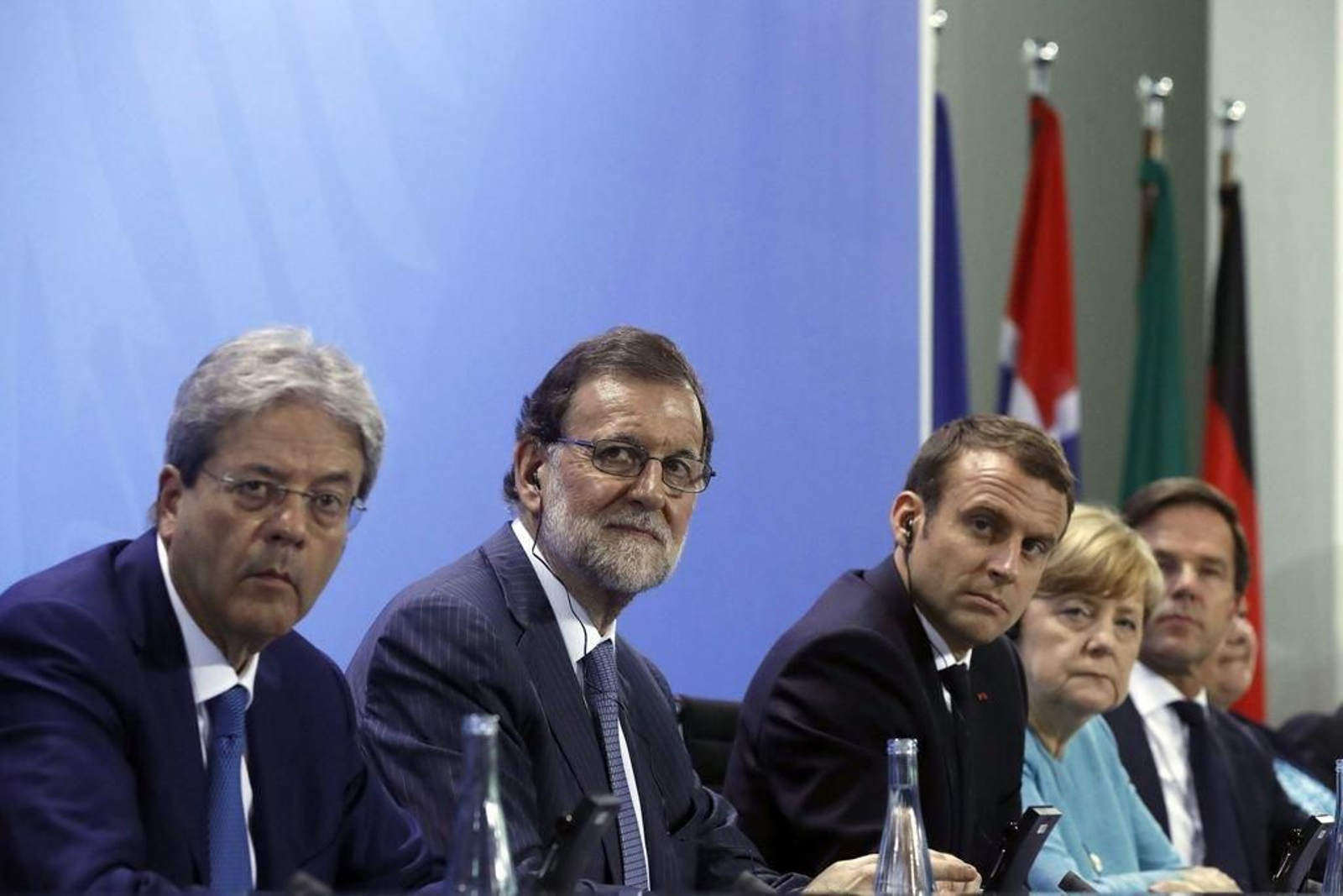 Paolo Gentiloni, Mariano Rajoy, Emmanuel Macron y Ángela Merkel, durante la rueda de prensa.