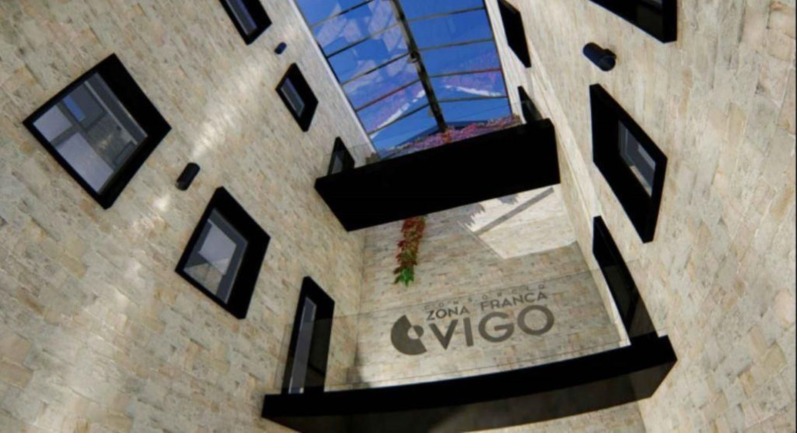 Infografía de cómo quedarán tras las obras la nueva zona institucional de la sede de Zona Franca y el lucernario.