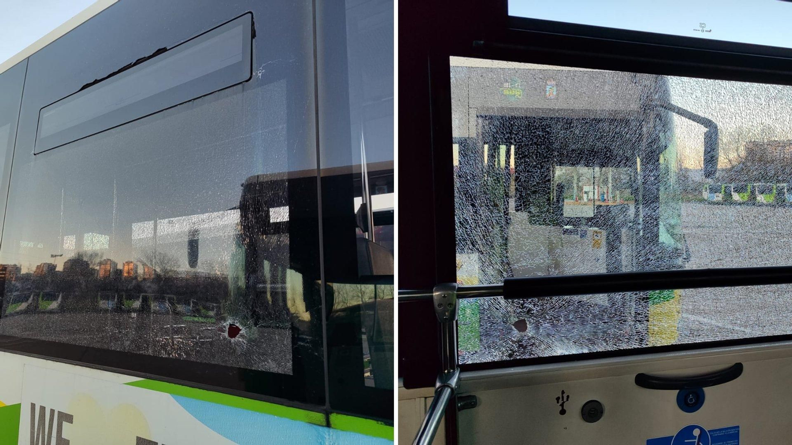 El cristal reventado por el impacto de la piedra. // Vitrasa