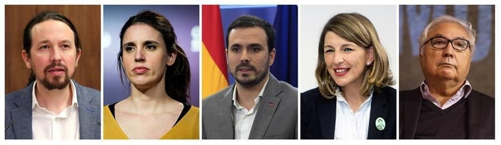 De izquierda a derecha; Pablo Iglesias, Irene Montero,Alberto Garzón, Yolanda Díaz y Manuel Castells. A dos días de la votación definitiva de la investidura, Unidas Podemos ha despejado las incógnitas de quiénes serán sus ministros, con Manuel Castells en Universidades y Alberto Garzón en Consumo, que se suman a los nombres de Pablo Iglesias, Irene Montero y Yolanda Díaz.El secretario general de Podemos, Pablo Iglesias, ocupará la vicepresidencia segunda, de Asuntos Sociales, mientras que Irene Montero será quien asuma la cartera de Igualdad del Gobierno que encabezará Sánchez.