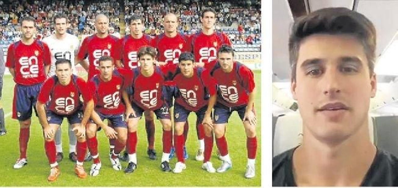 A la izquierda, Filipe Machado (agachado en el centro) en un once del Pontevedra. A la derecha, en el avión.