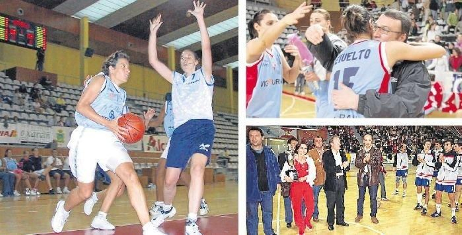 A la izquierda, el I Memorial Carballo-Camilo en septiembre de 2001. A la derecha, Araújo celebrando una victoria en 2006 (se rozó el descenso) y un título con el Octavio de testigo.