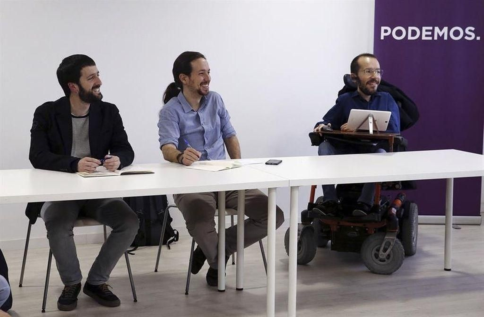 Juan Manuel del Olmo, Pablo Iglesias y Pablo Echenique, durante una reunión de la cúpula del partido.