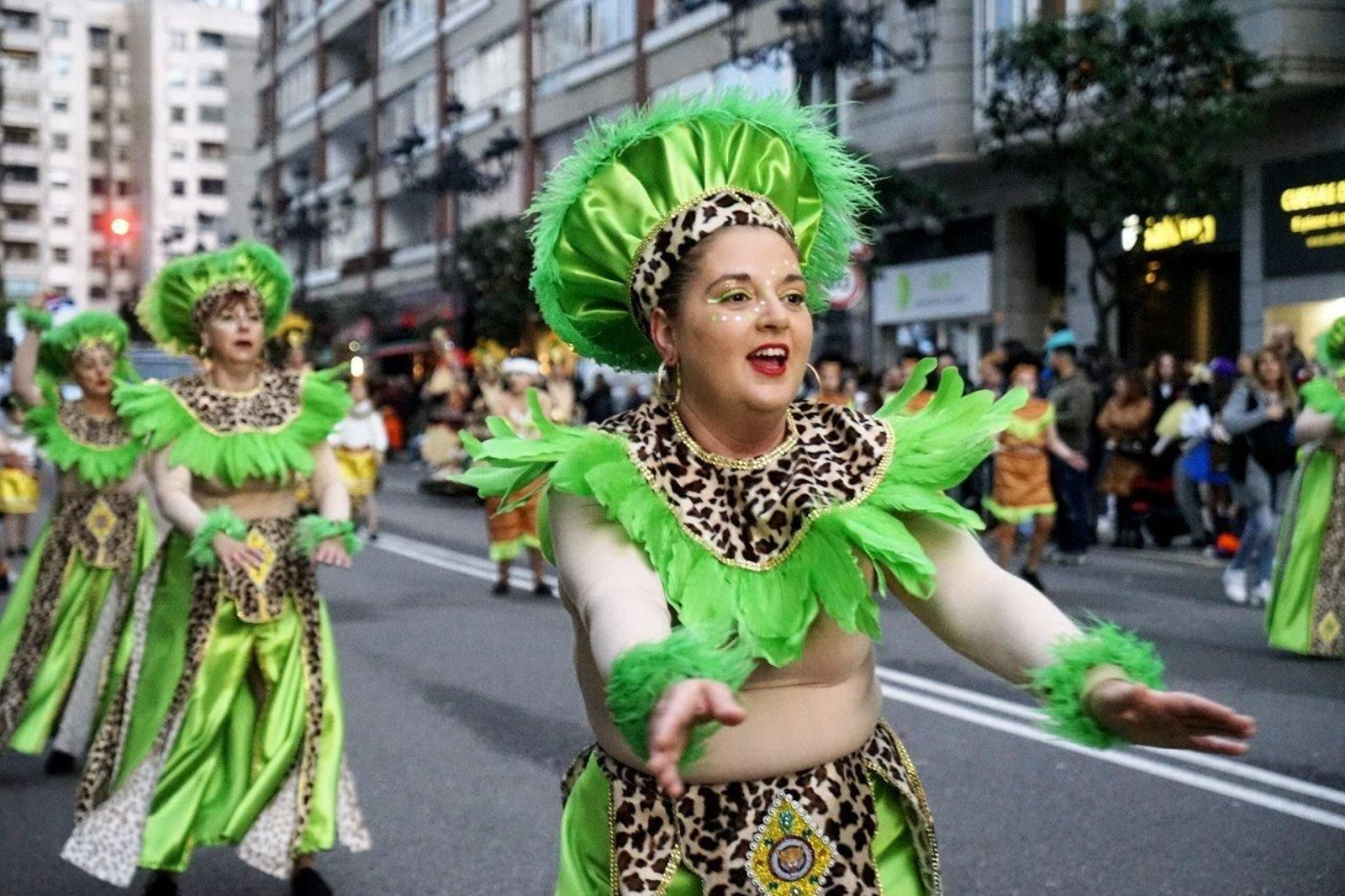 Un grupo de participantes en el desfile de comparsas del Entroido de Vigo. // J.V. Landín