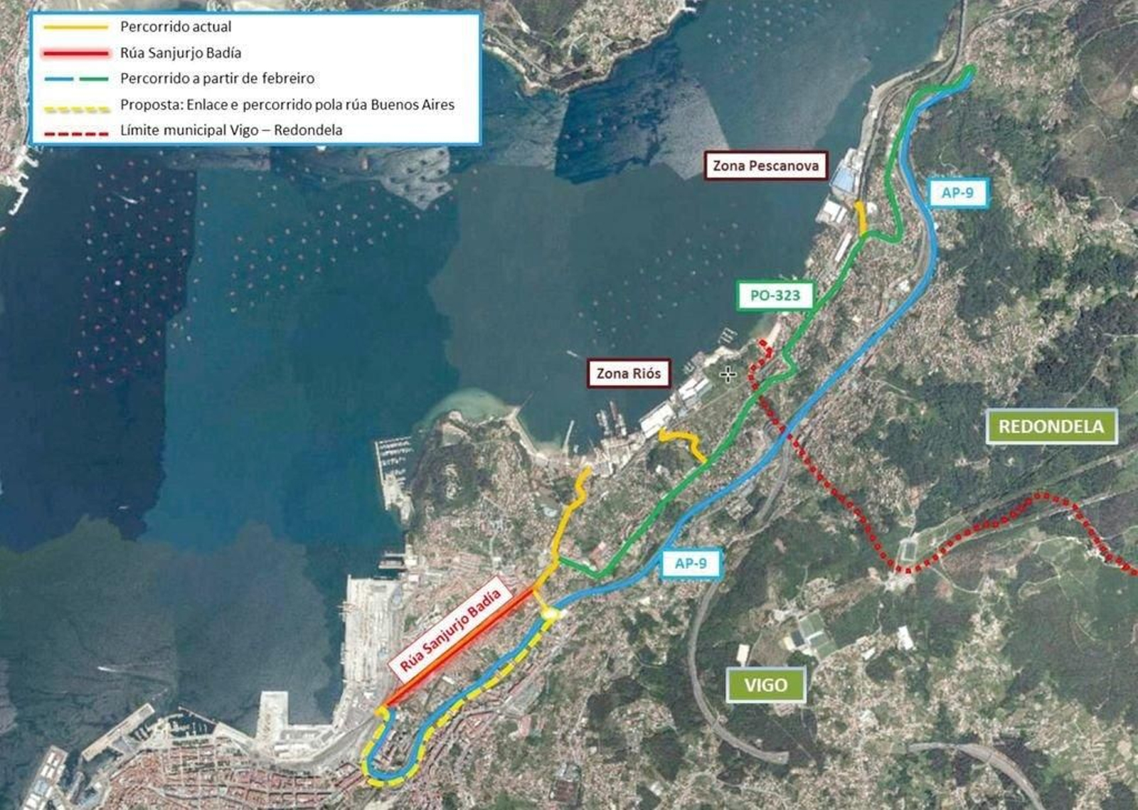 Imagen de la ruta de los camiones del puerto a Chapela si se veta el paso por Teis.