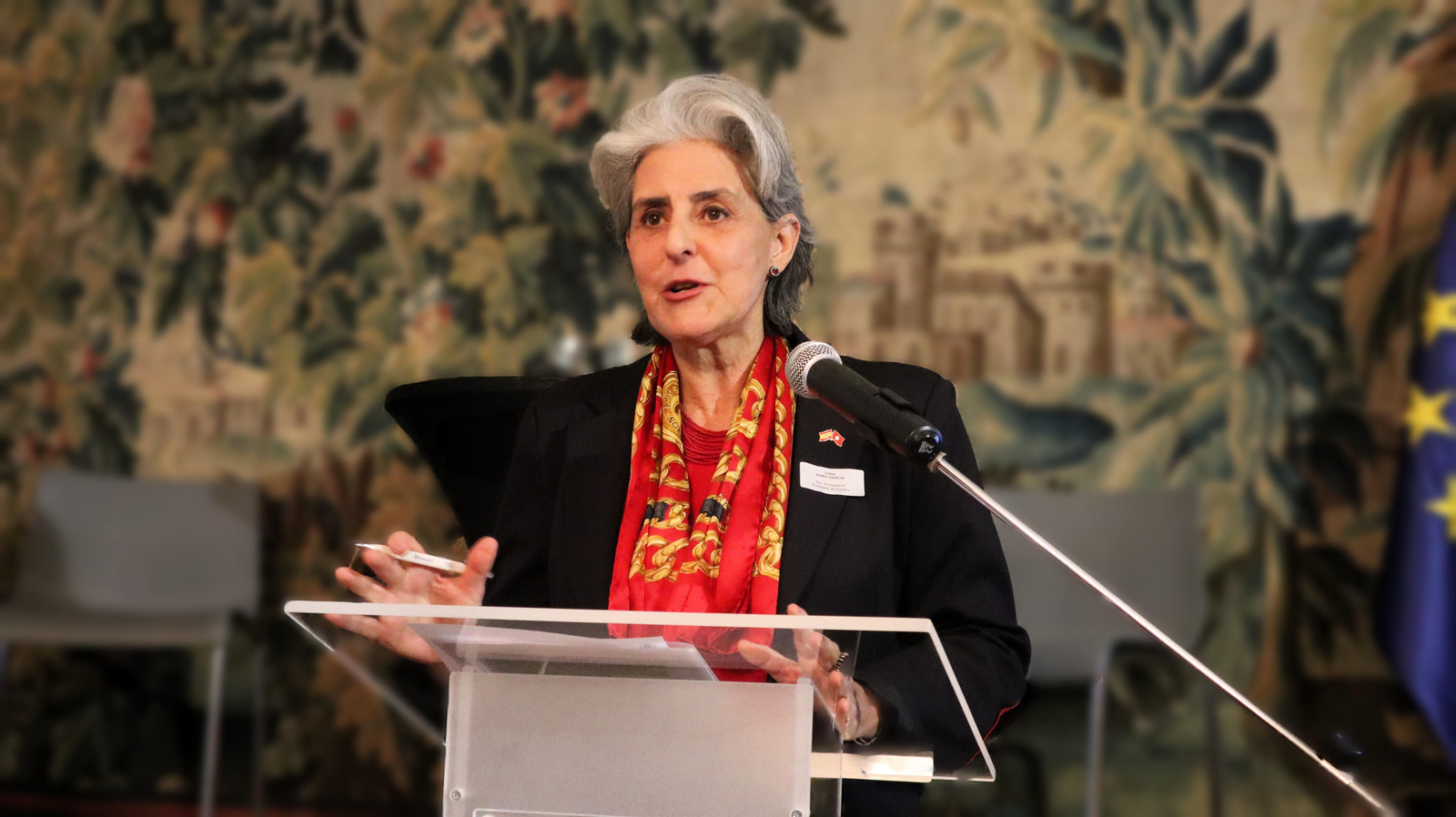 Le embajadora, Celsa Nuño, durante la conferencia celebrada en la Embajada de España en Berna.
