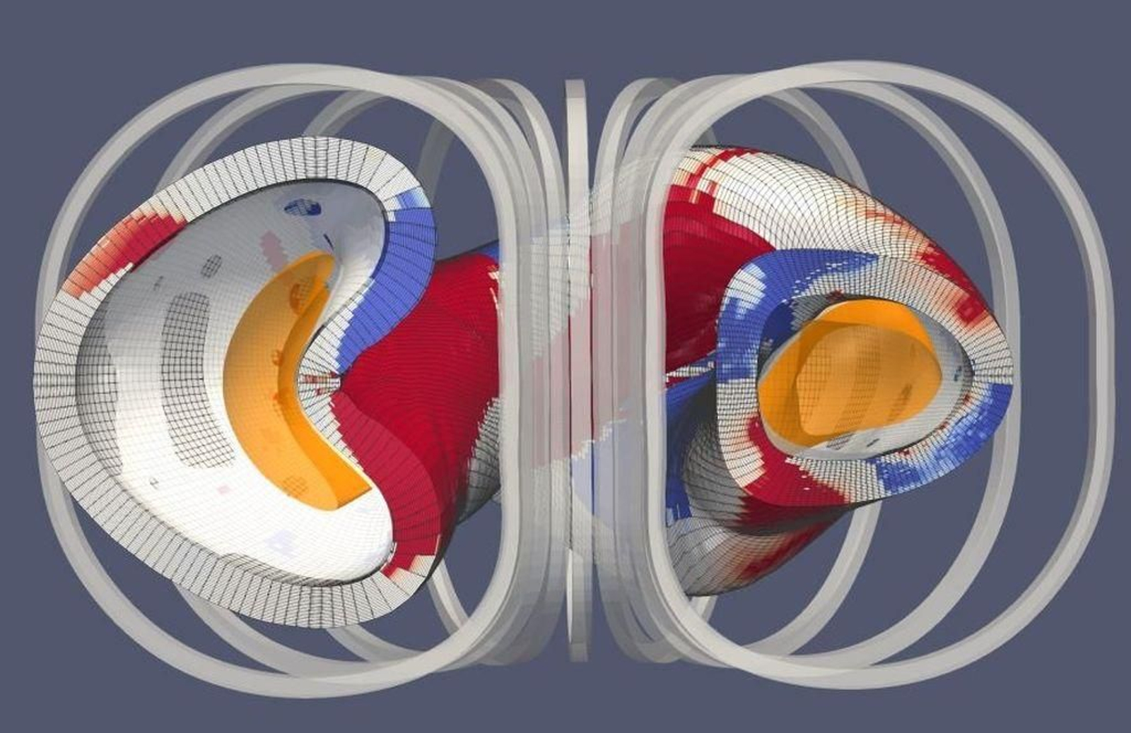 Imagen esquemática de stellarator de imán permanente con plasma en amarillo.