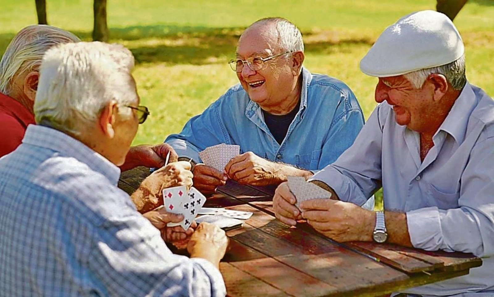 Un grupo de hombres mayores jugando a las cartas en un parque.