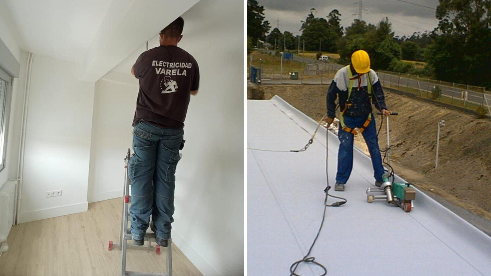 Dos trabajadores de Electricidad Varela y de Impermeabilizaciones Aplivilca realizando labores en diferentes obras.