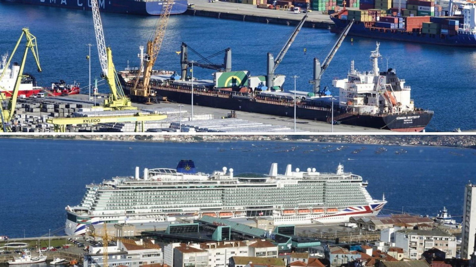 Arriba: El “Common Venture”, de casi 200 metros, al tope en el muelle de Areal-Transversal. Abajo: El “Iona”, de 340 metros, el mayor buque que atracará este año en Vigo, ayer en Trasatlánticos.