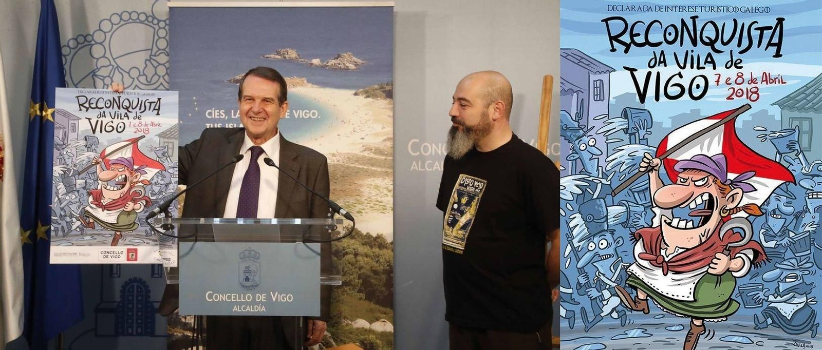 El alcalde Abel Caballero y el coordinador de la Reconquista, Fiz Axeitos, presentaron el cartel de la fiesta y la programación para el fin de semana del 7 y 8 de abril