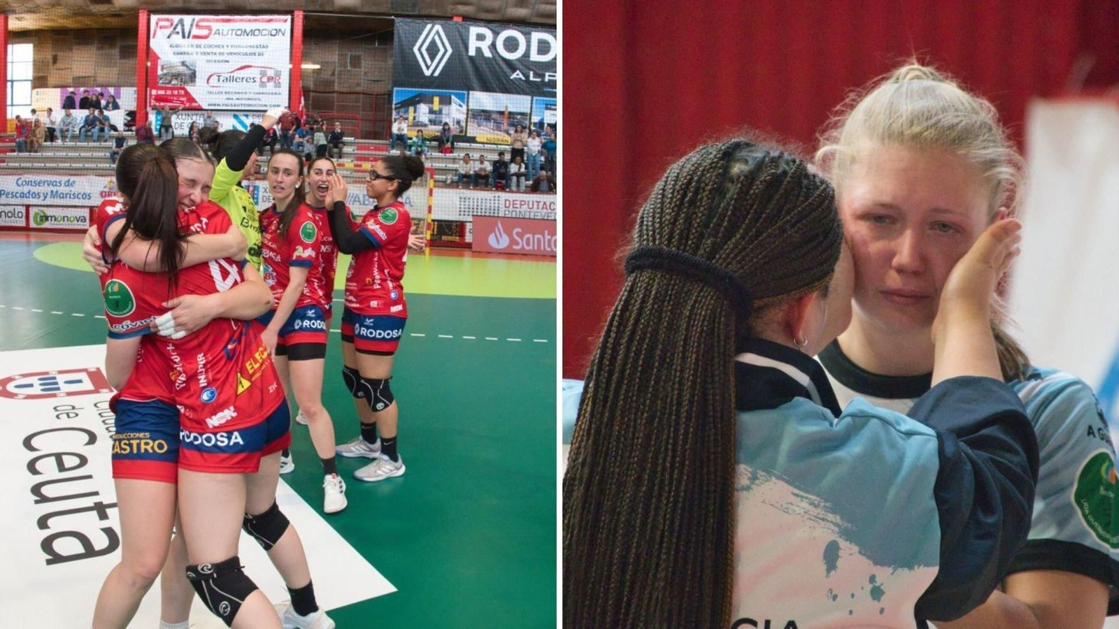 As xogadoras do Porriño celebraron a clasificación para as semifinais de liga, mentres que algunhas xogadoras do Guardés (Hauptman na fotografía) lamentaron a derrota.