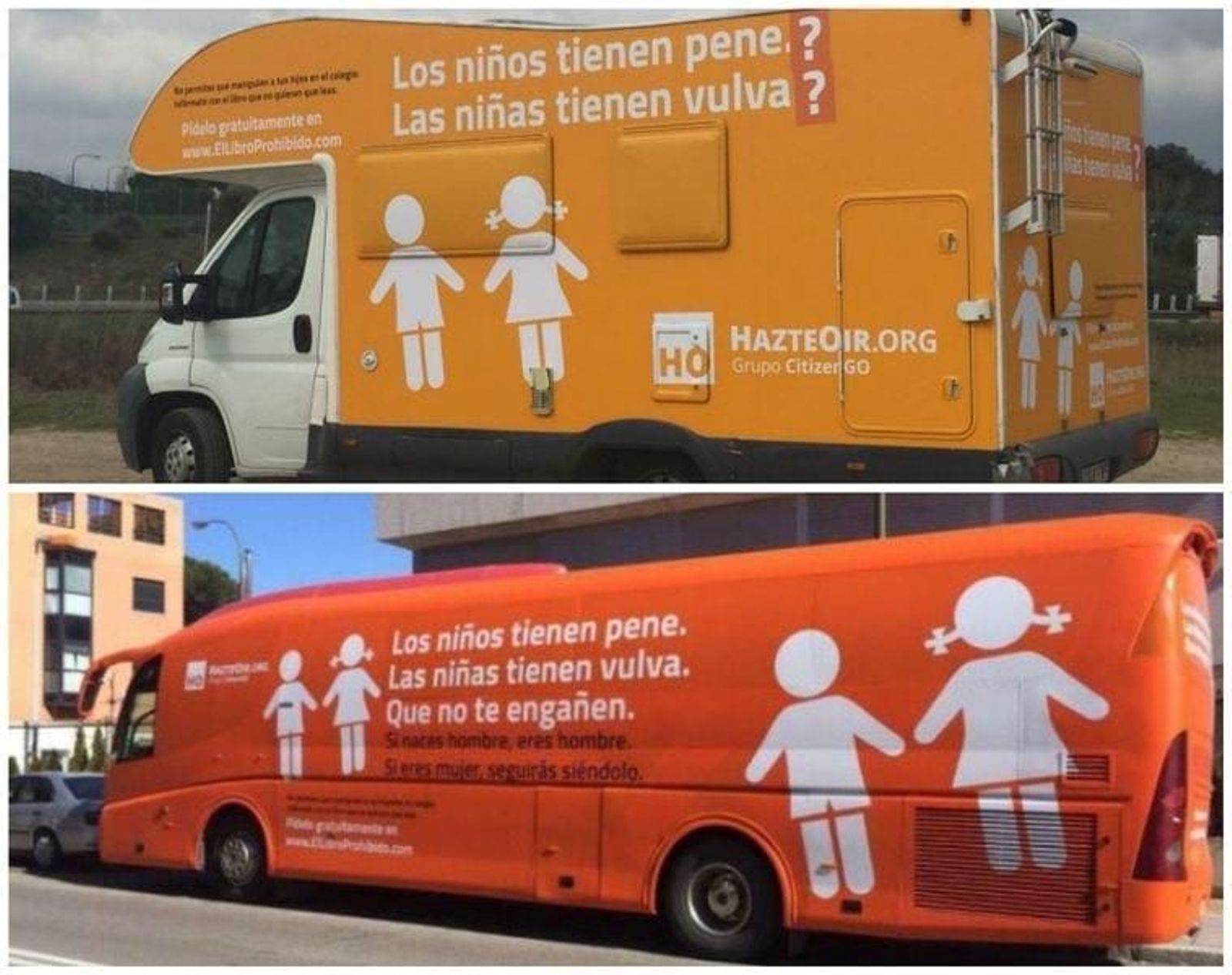 En la parte superior, el nuevo vehículo de la campaña transfóbica. En la inferior, en autobús retirado.