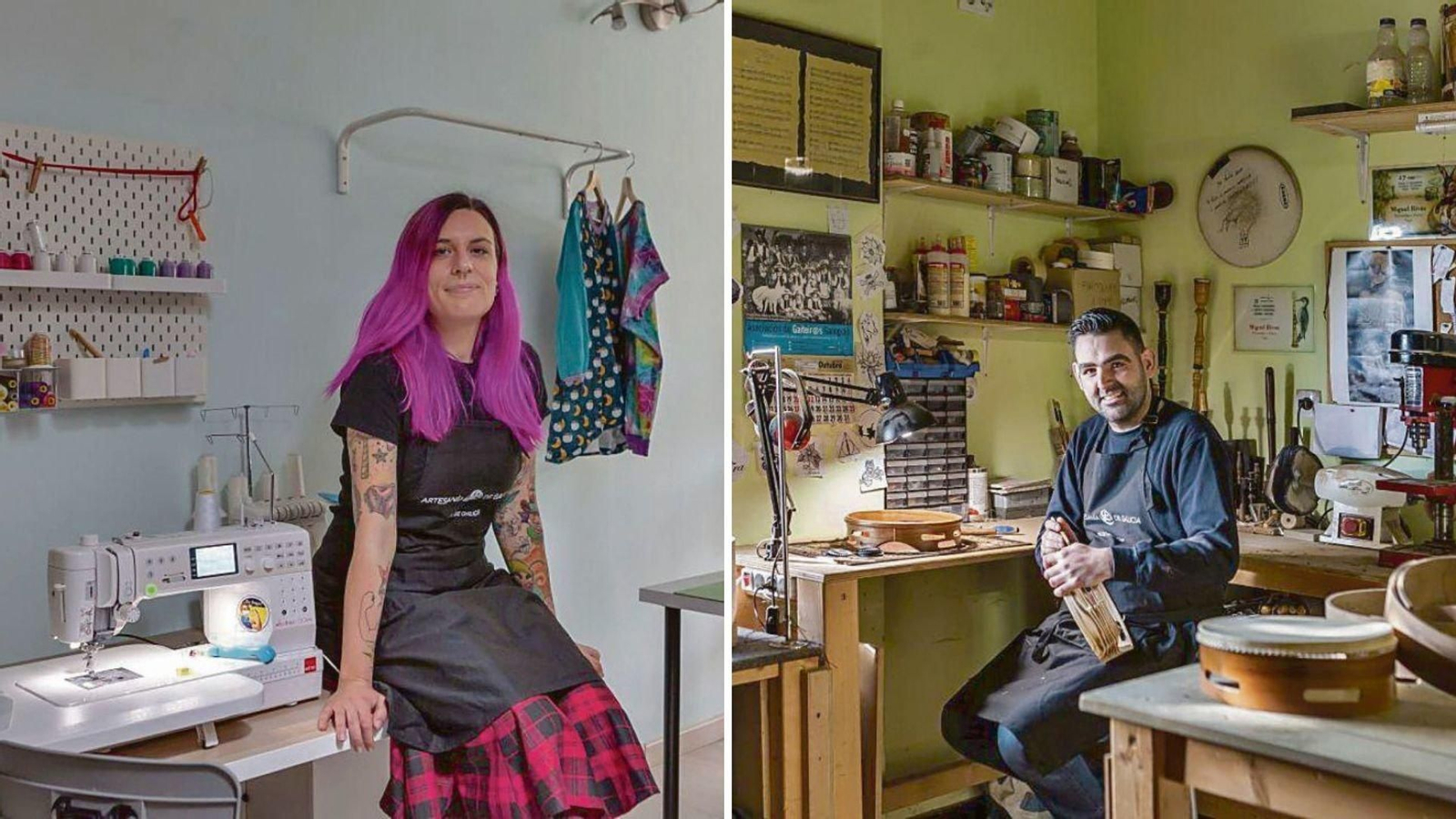 Alba Boquete, de “Arrolos de mai”, y Miguel Rivas, en su taller de instrumentos tradicionales en Cabral.