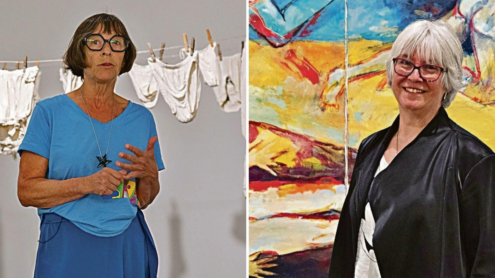 Emilia Guimeráns, con su instalación en el Gaiás, y Laura Terré, posando con uno de sus cuadros.