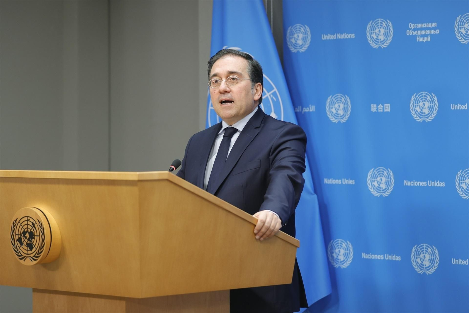 El ministro de Asuntos Exteriores, José Manuel Albares, durante una rueda de prensa en Organización de Naciones Unidas en Nueva York.