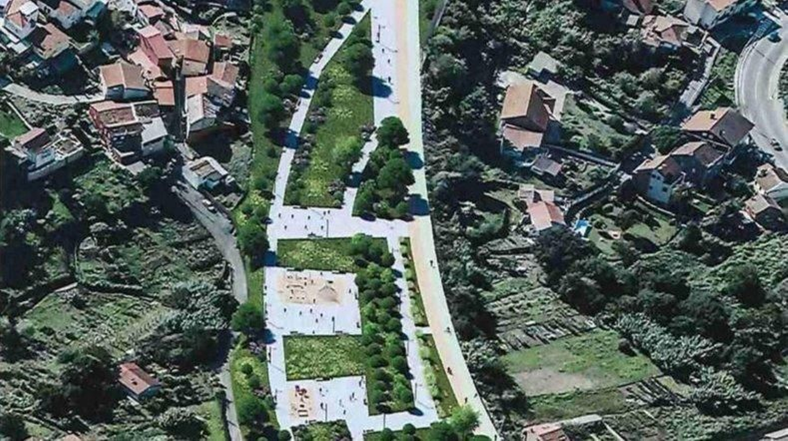 Una infografía de la cubierta de la autopista en A Xorxa, la actuación de mayor calado, sustituyendo las actuales pérgolas de cemento entre el paso elevado y la pasarela de la Vía Verde por una zona peatonal y ajardinada.